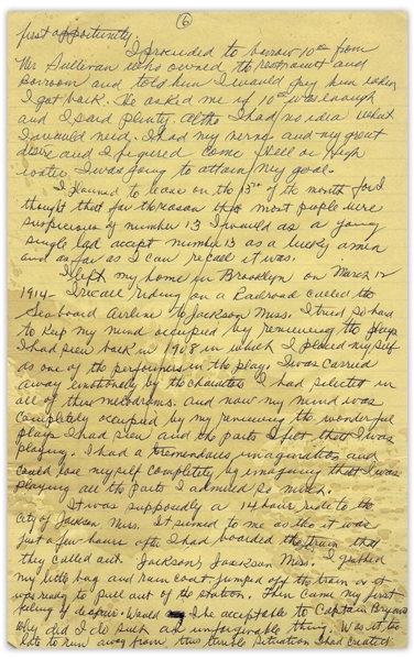 Moe Howard's Handwritten Manuscript Page When Writing His Autobiography -- Moe Leaves for Mississippi, ''I left my home in Brooklyn on March 12 1914'' -- Single 8'' x 12.5'' Page